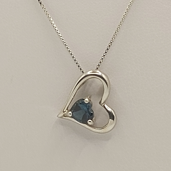 925 Sterling Silver Heart Necklace, Decorated with London Blue Topaz  - Picture 1 of 8